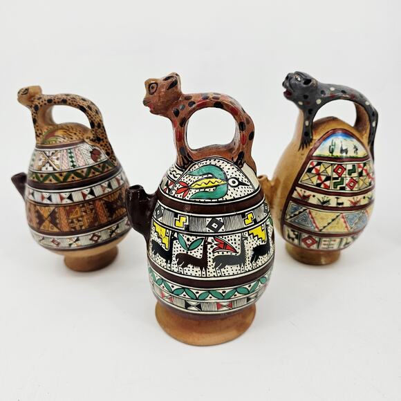 Lot of Chicha Jug Pitchers & Cups Pottery Cuzco Peru Inca Style Cat Animal VTG - Picture 2 of 14